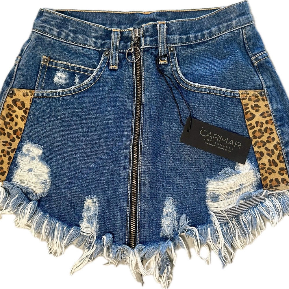 Carmar Blue Distressed Denim Mini Skirt with Leopard Side Panels